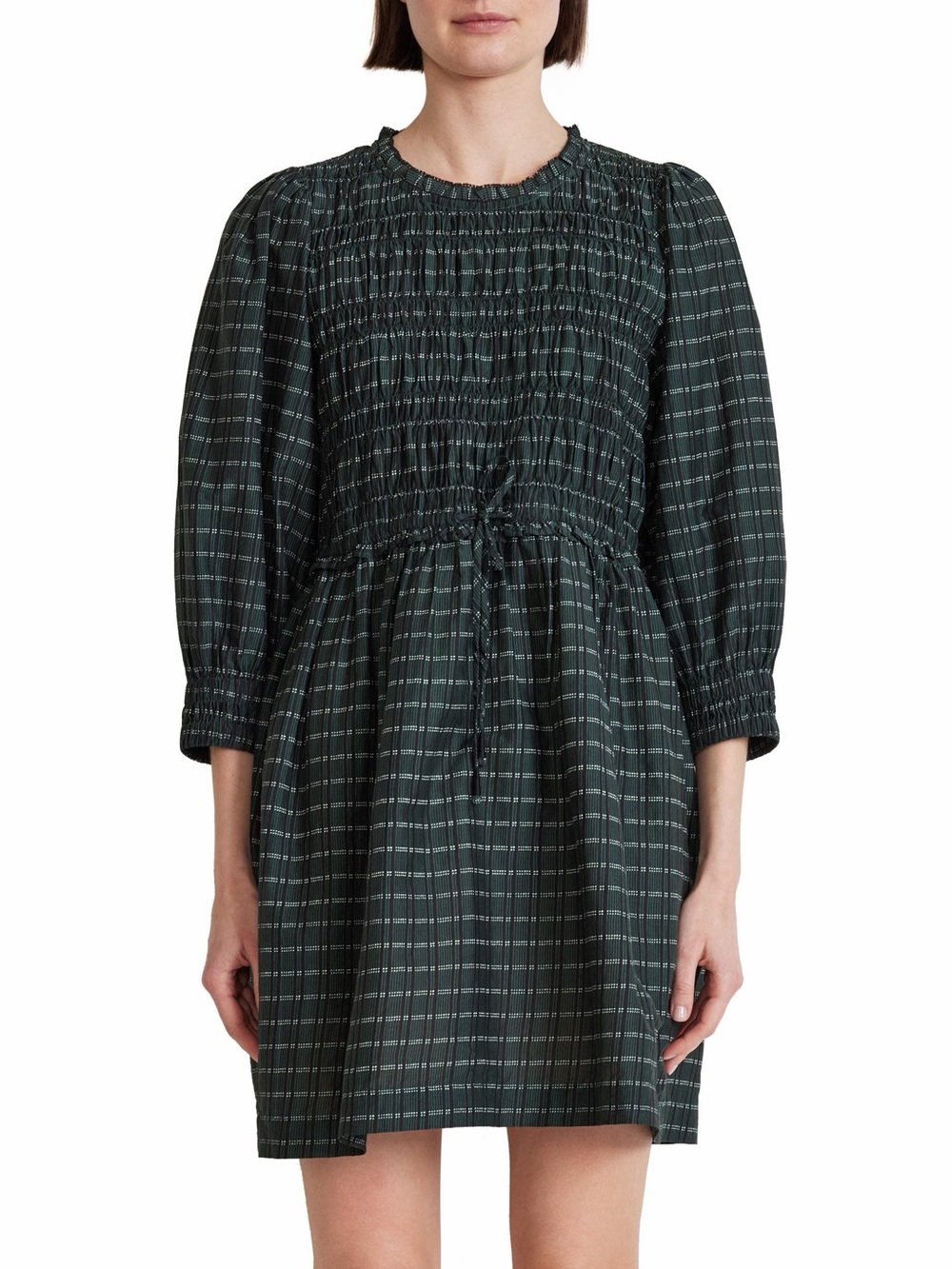 Apiece Apart Dark Green Plaid Smocked Mini Dress